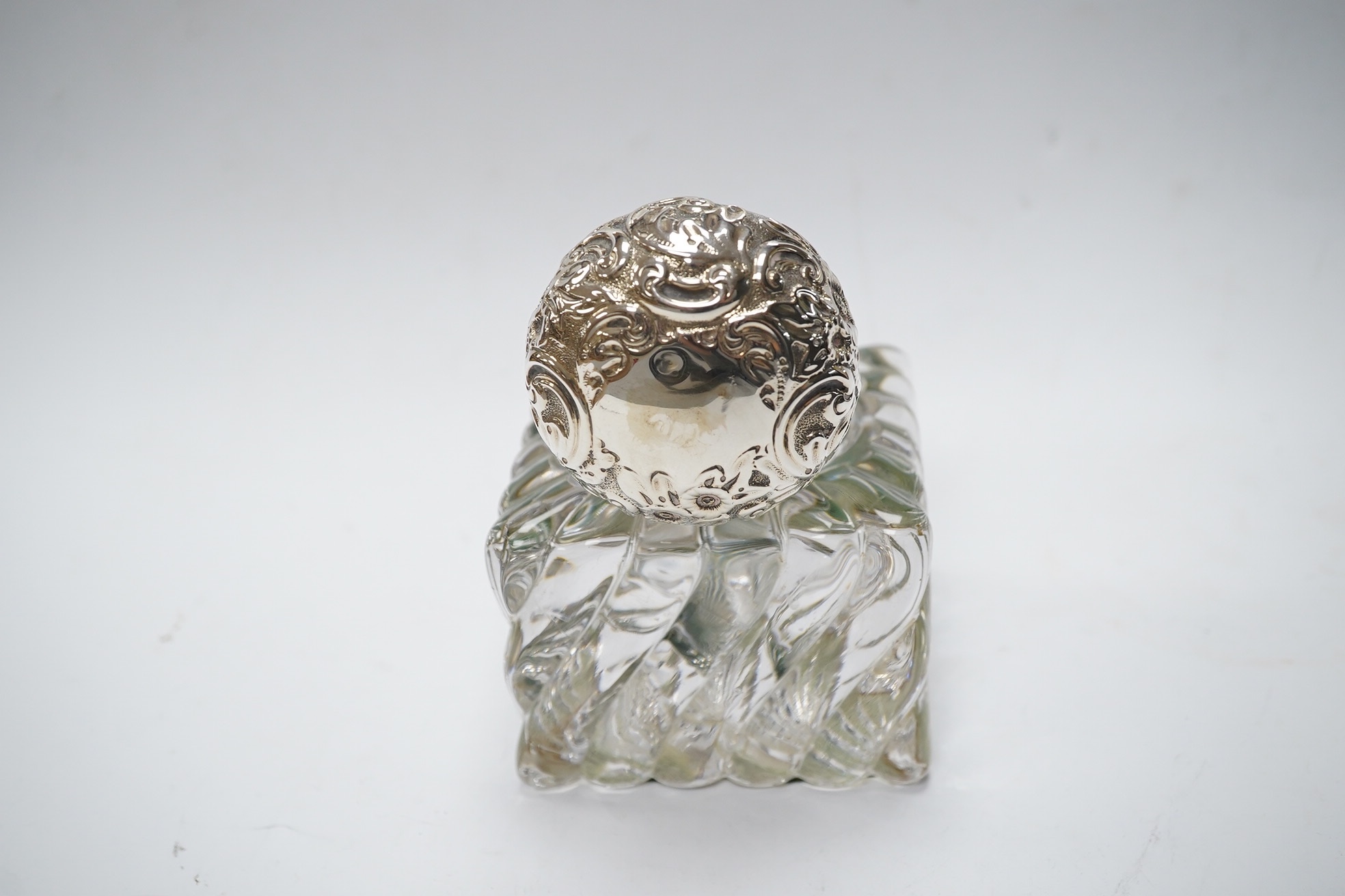 A late Victorian square wrythened fluted glass silver mounted ink pot, height 12cm. Condition - fair